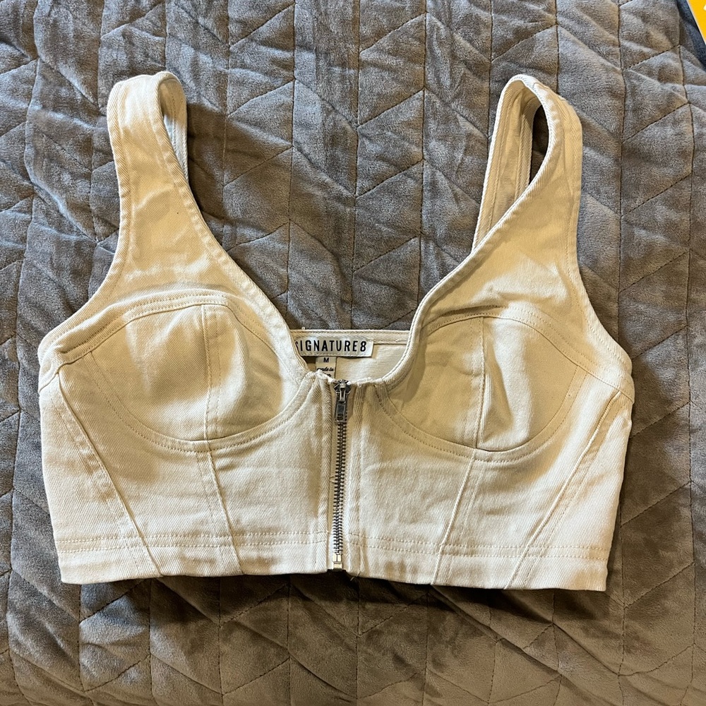 Cropped, ripped beige top